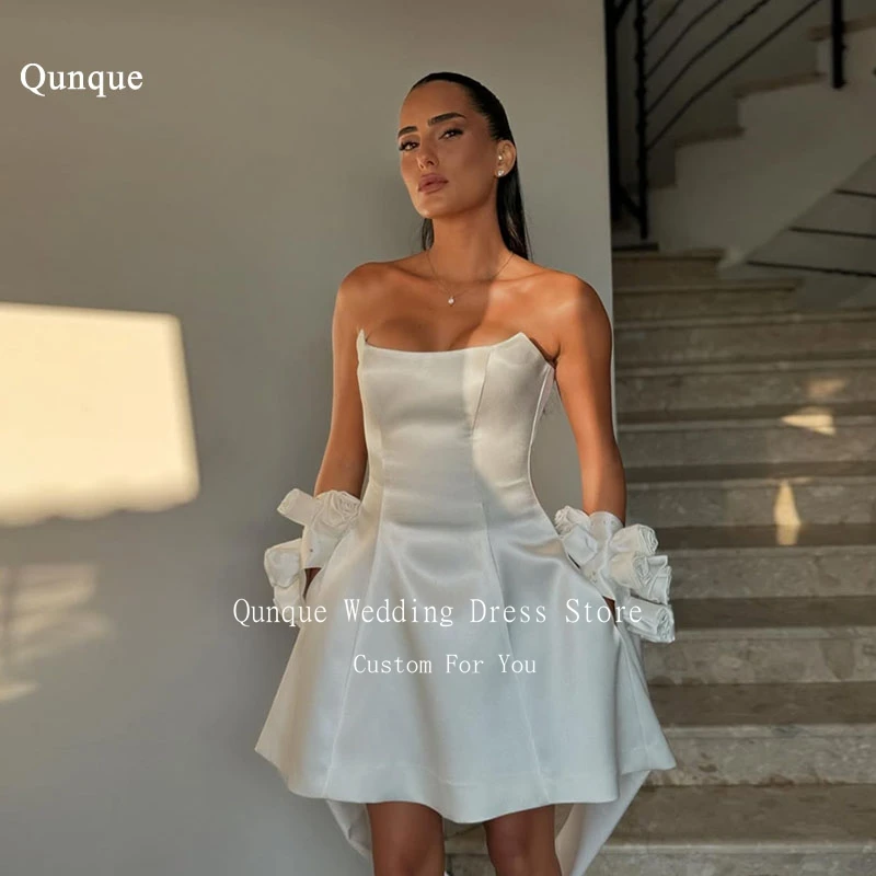 Qunque Short Wedding Dress Women With Shawl 3D Handmade Flowers Bridal Gowns Lace Up Back Vestido De Noiva Com Calda Customized