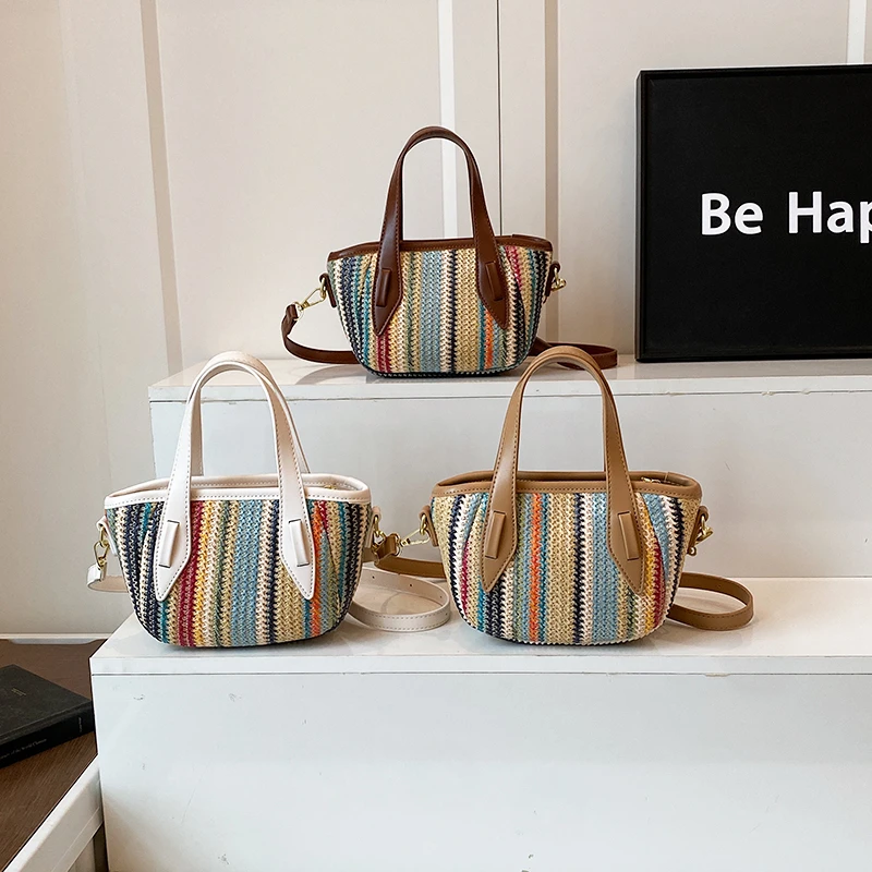 

Bohemian Striped Straw Mini Handbag for Women Hot Sale Colorful Woven Crossbody Bag Fashion Sweet Youth Top Handle for Summer