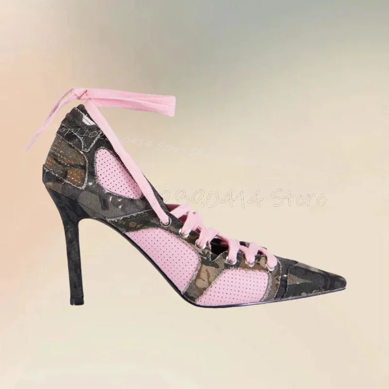 

Mixed Color Camouflage Print Pointed Toe Pumps Cross Tied Women Shoes Thin High Heels Fashion Banquet 2026 Zapatos Para Mujere