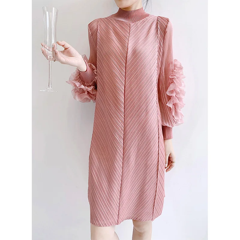 

Miyake Pleats Solid Color Petal Sleeve Dress Feminine Straight Tube Elegant Party Dresses for Women 2023 New Summer Long Dresses