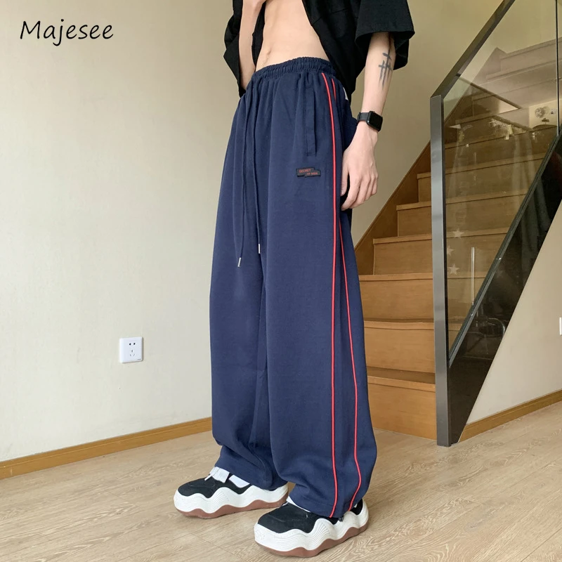 

Men Pants Full-length Spring Bright Line Streetwear Loose Soft Korean Style Dancer Shopping Stretchy Sporty Drawstring Fashion