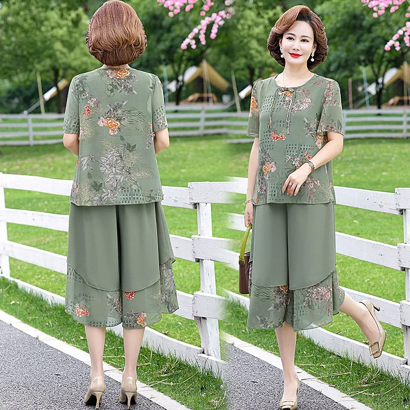 Elegant Chiffon Floral Summer Suit Middle-aged Womens Short Sleeve T-shirt Top &wide-leg Pants 2 Pcs Sets For Women Clothes