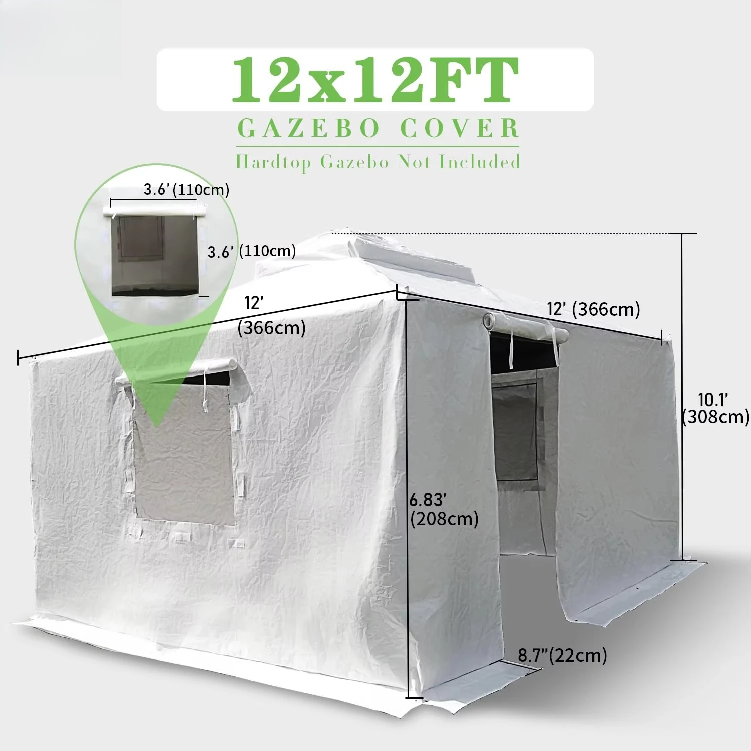 Gazebo Cover 366X366CM Universal Waterproof All-Season Hardtop Canopy Pergola Ventilated Mesh Windows Enclosed Sidewalls