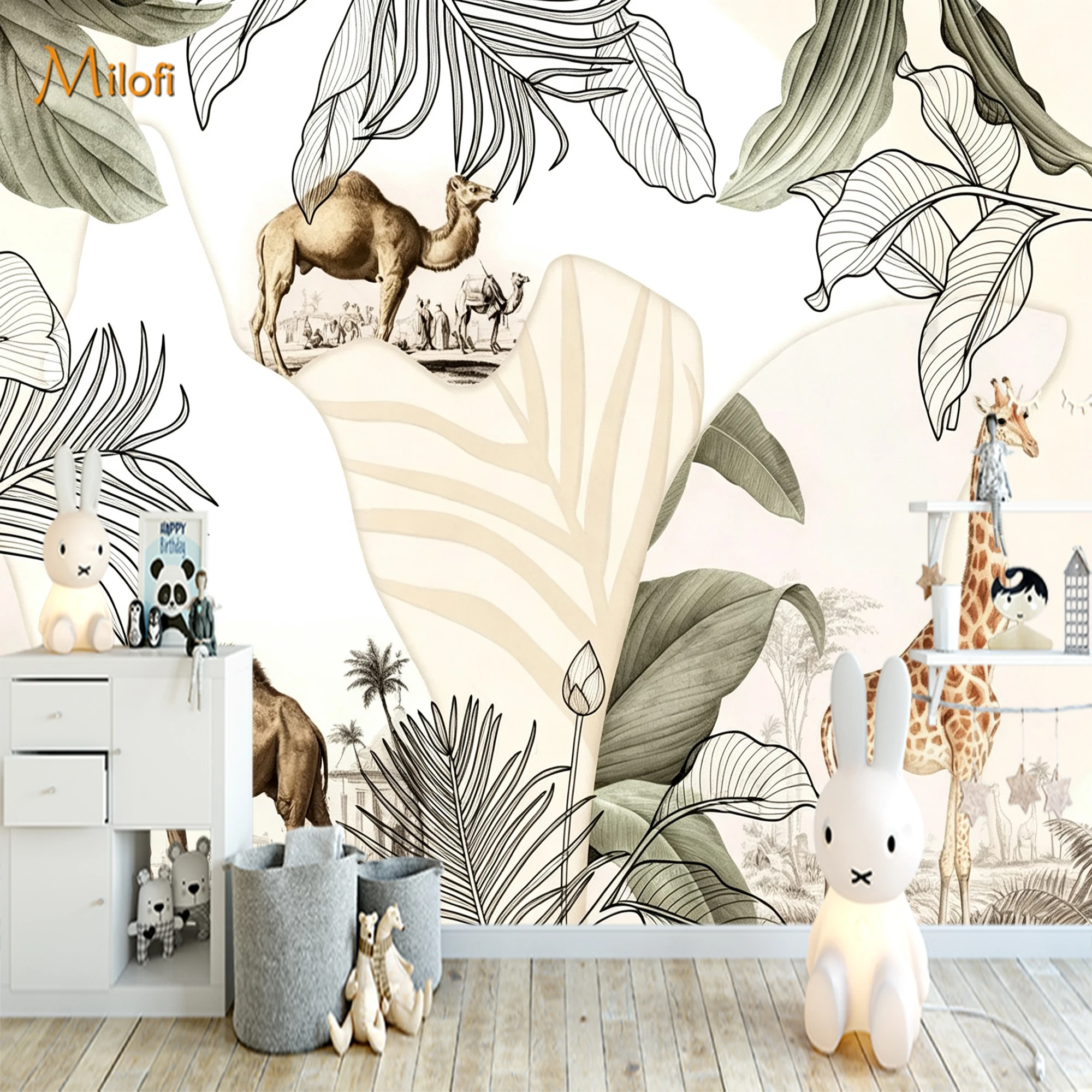 Custom Retro Camel Giraffe Safari Wallpaper Tropical Palm Leaf Sketch Mural for Kids Bedroom Living Room Home Wall Decoration