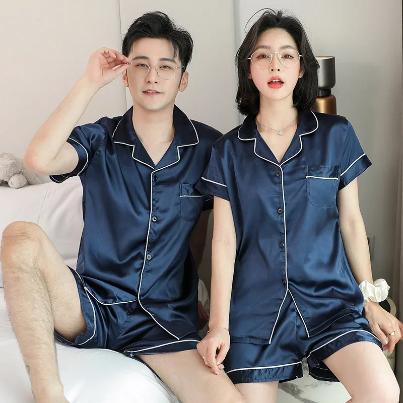 High-quality Couple Pajamas Set Ice Silk Men's Home Clothes Pajamas Women's Pajama Summer Large Size Nightwear Sleepwear Nightie