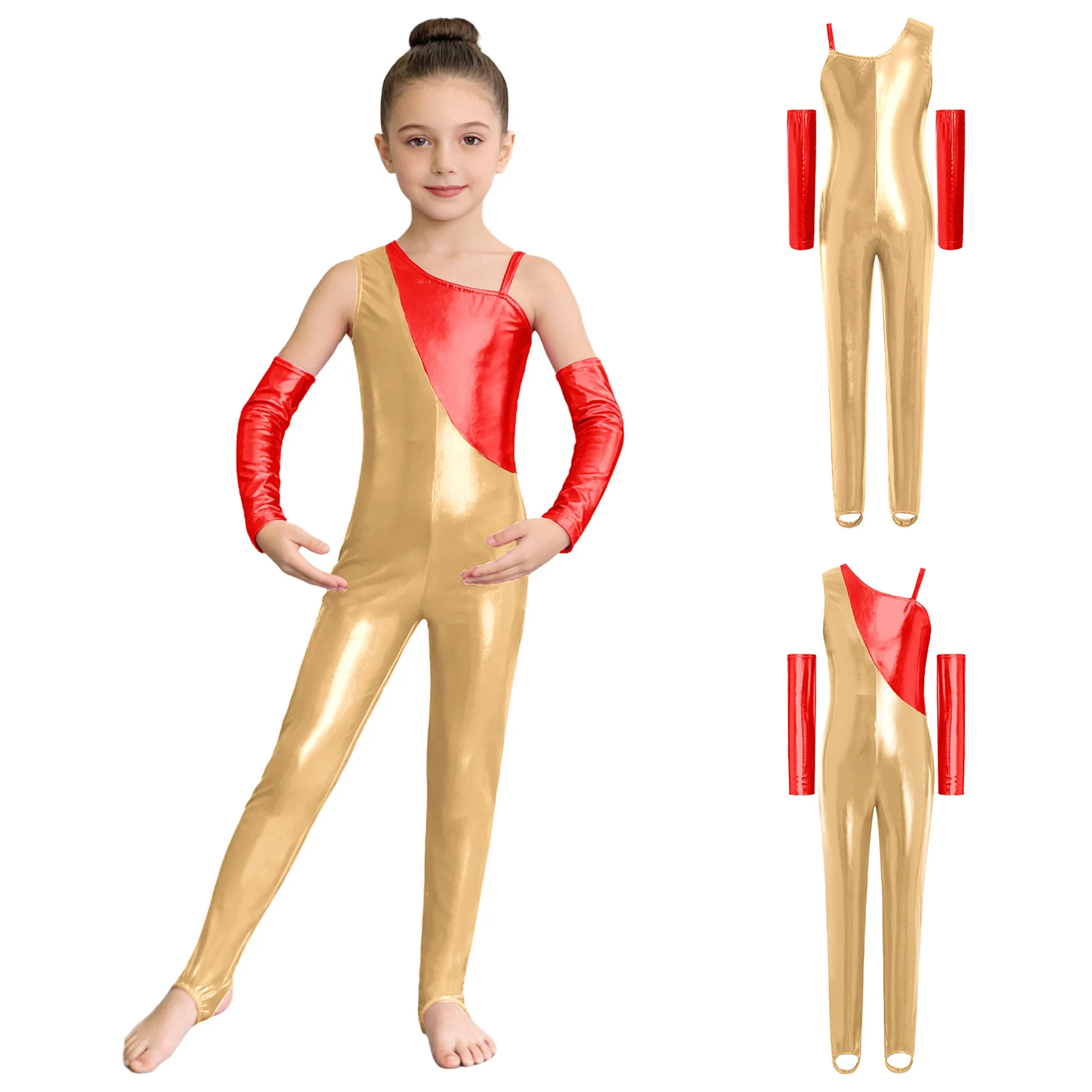 

Детский гимнастический купальник для девочек, балетный танцевальный комбинезон на одно плечо, металлизированный, цельный, с перчатками, для фигурного катания и акробатики