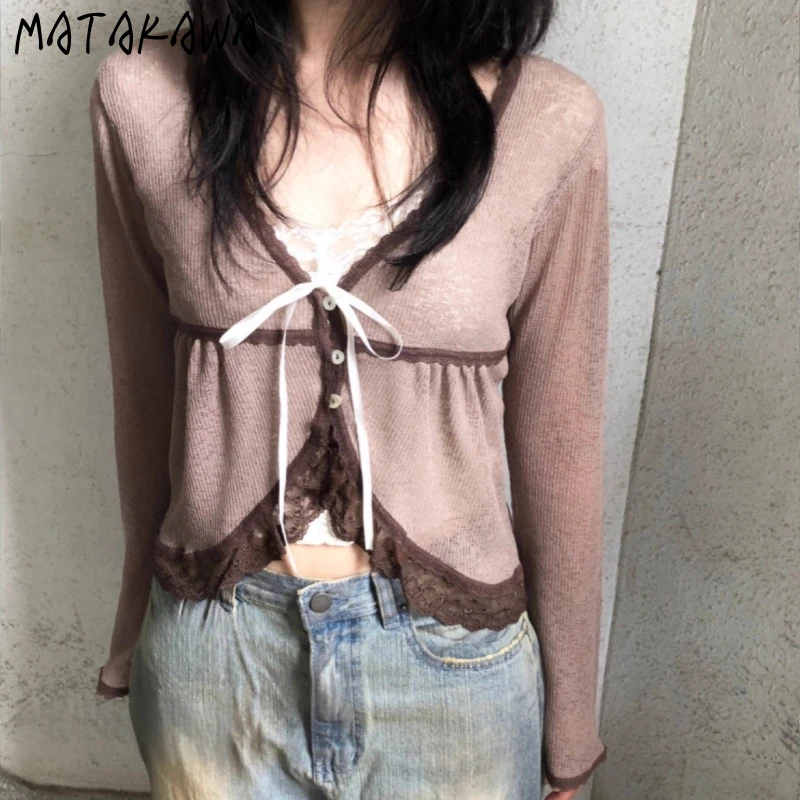 

Matakawa Y2k Короткие кардиганы в японском стиле контрастного цвета с v-образным вырезом весна осень тонкие свитера с кружевом и v-образным вырезом сексуальные Sueter Mujer