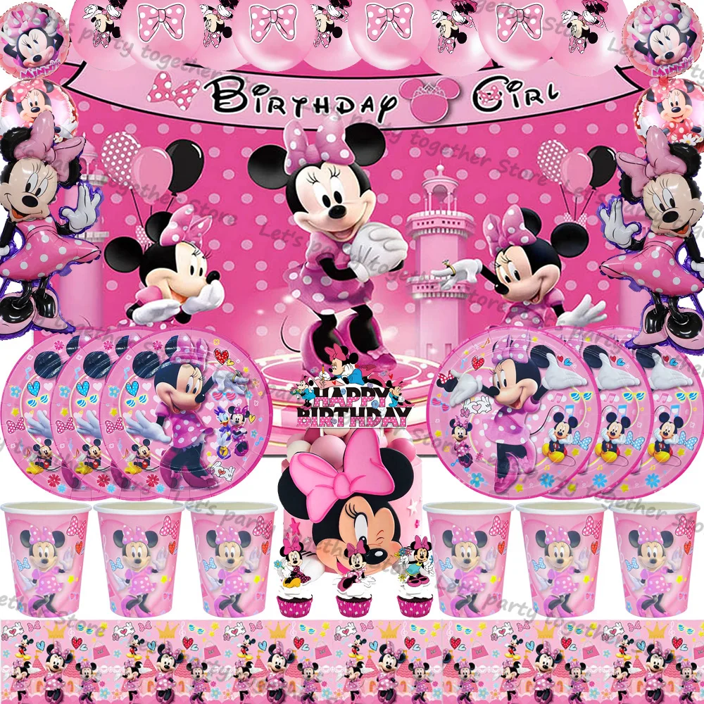 

Disney Minnie Mouse Cartoon Character Party Accessories Supplies Girls Birthday Tableware Plate Cup Napkin Favors For Kid Gifts