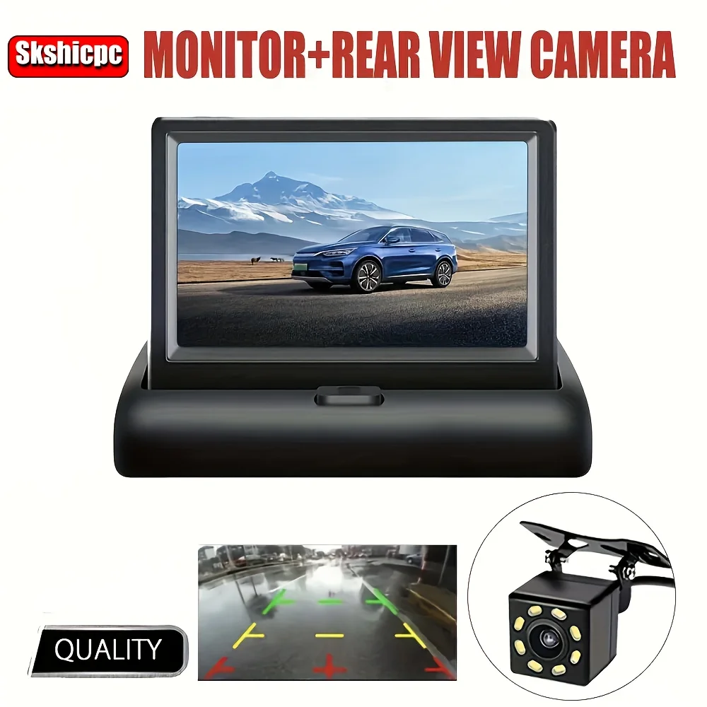 4.3INCH Foldable Car Display with 480P 8-LED Night Vision Backup Camera Wide Angle View, 12V Hardwired Power, No Battery Needed