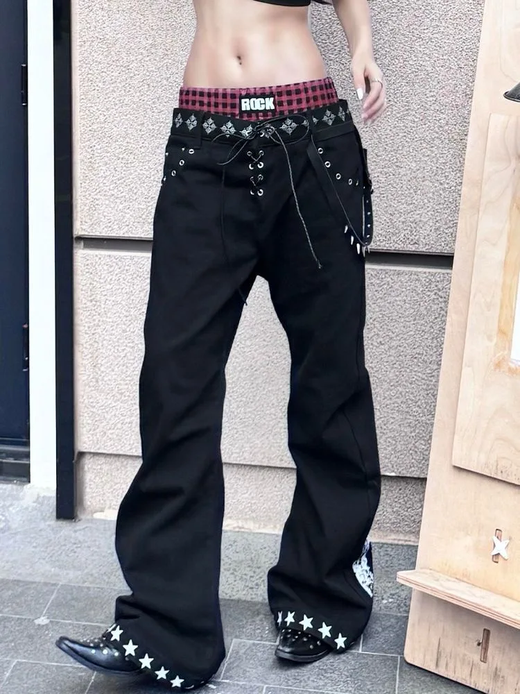 

American Style Spicy Girl Color Block Low Waist Denim Jeans Women's Early Spring New Vintage Subculture Letter Print Floor-Le...