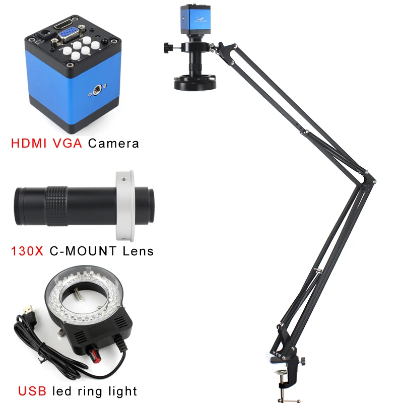 

1080P 13MP HDMI VGA Digital Industrial Video Microscope Camera 1-130X Zoom Lens High Working Distance For Phone Repair Soldering