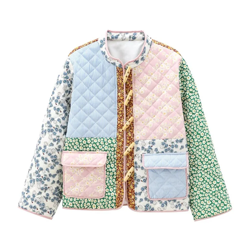 

Vintage Cotton-padded Clothes Jacket Retro Floral Printing Patchwork Winter Warm Coat Casual Women Long Sleeves Lady Streetwear