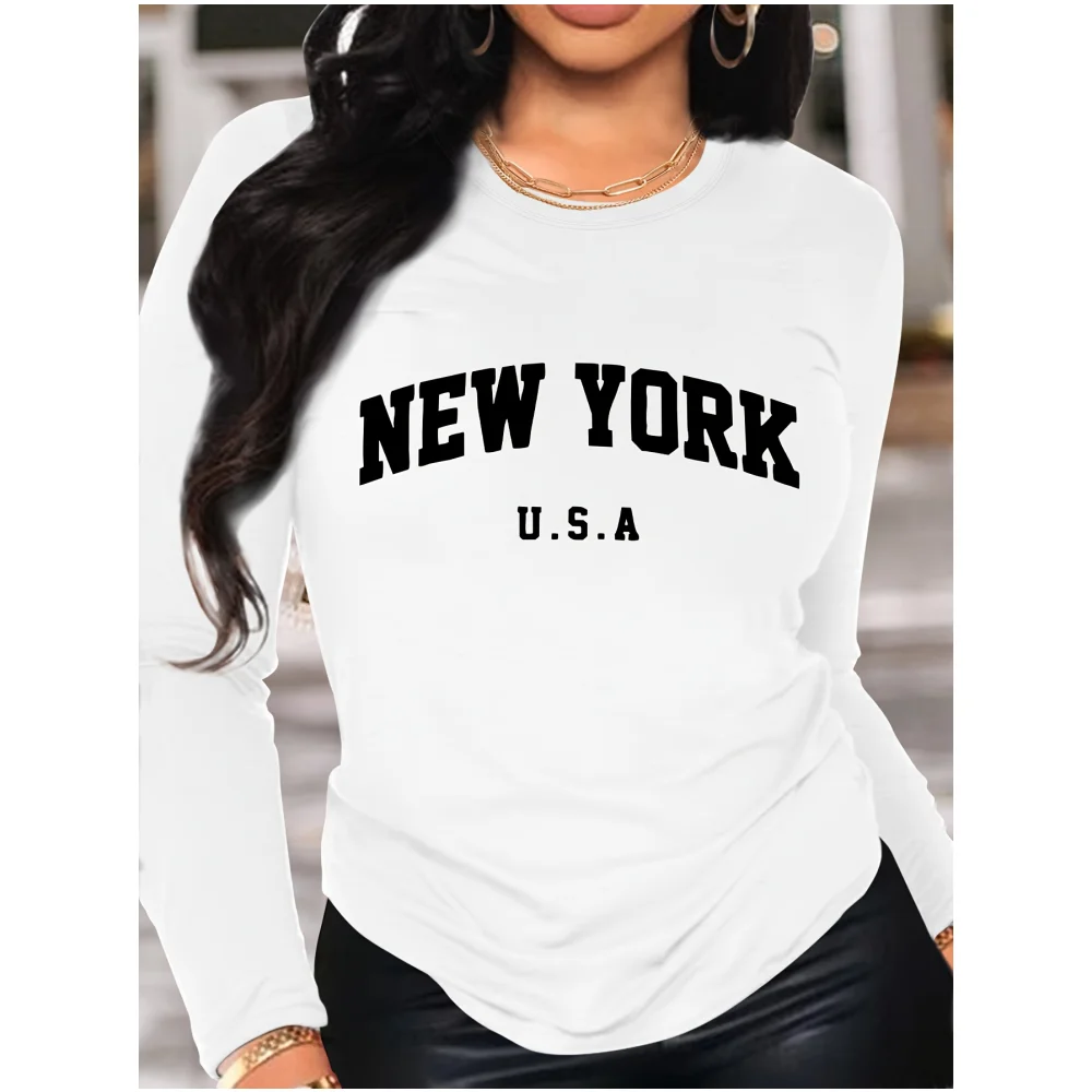 Funny New York Letter Fashion Print Casual T-Shirt Women Long Sleeve For Spring Basics O-collar T-Shirt Women's Clothing