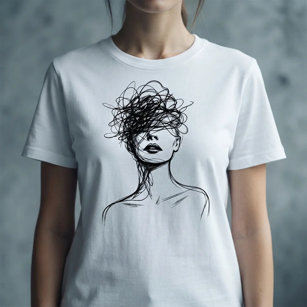 Women Short Sleeve Tee T Shirt Abstract Scribble Hair Face Line Art Graphic Print Casual O Neck Cotton Top Streetwear