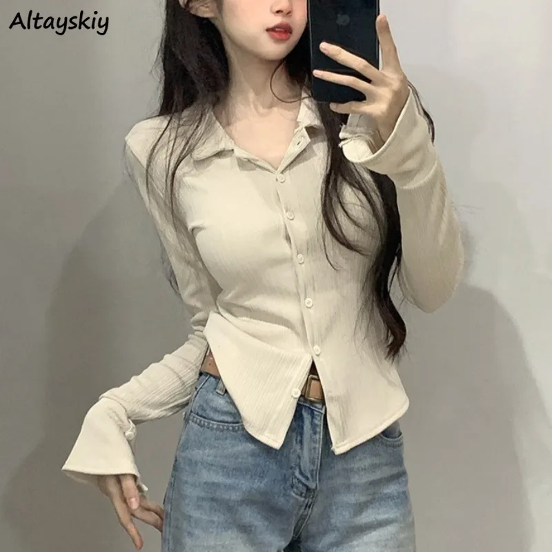 Turn-down Collar Shirts Women Autumn Spicy Girls Slim Fit Tops Basic Inner Flare Sleeve Single Breasted Korean Style Retro Daily