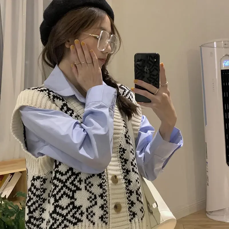 Sweater Vest Womens Spring Sweet Students Fashion Daily Ulzzang Soft Single Breasted New Casual Retro Geometric All-match Loose