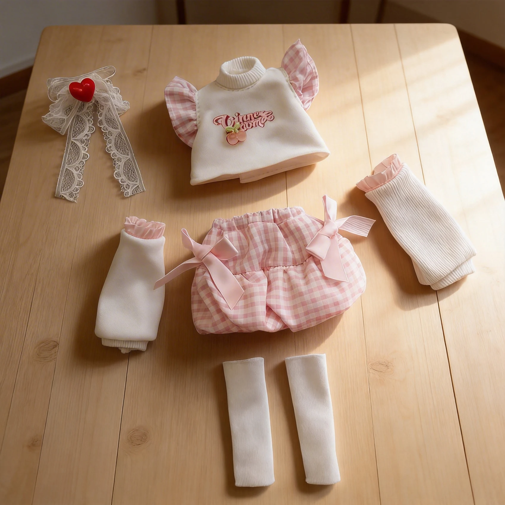 

Розовый комплект одежды в стиле Лолита для кукол BJD 1/6 (30 см) с кружевной повязкой на голову в форме сердца и вязаными носками — полный милый и очаровательный наряд.