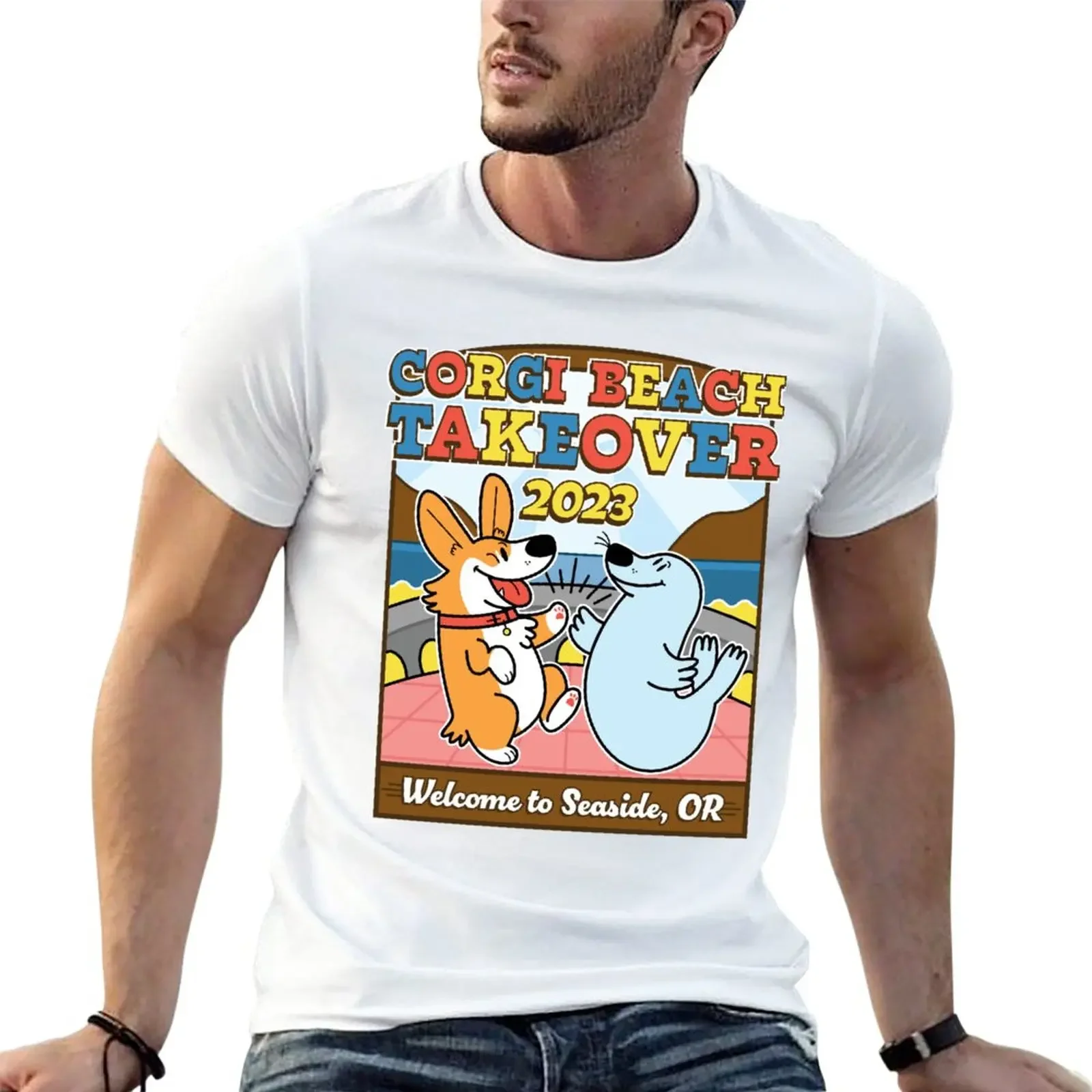 New 2023 Welcome To Seaside, Corgi Beach Takeover T-Shirt custom t shirts design your own man clothes t shirts for men