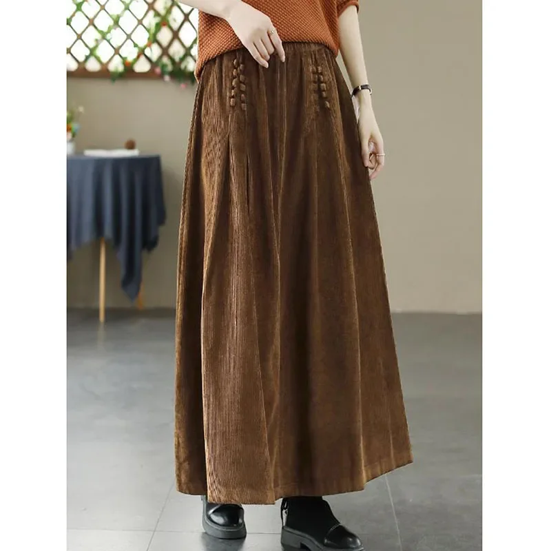 Smvp Vintage Corduroy Skirts for Women 2024 Fall Winter Loose High Waist Long Skirt Women Elegant Streetwear A-line Skirts Lady