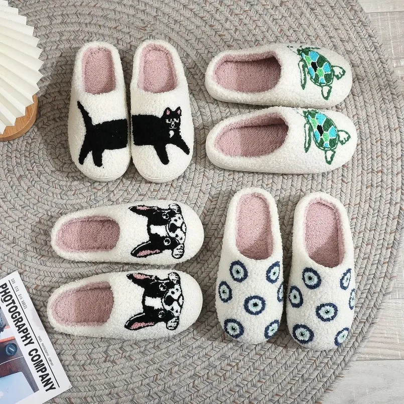 Shark Winter Warm Slipper Womens Cat Paw Kawaii Cartoon Plush Indoor Funny Dog Puppy Fuzzy Floor Home House Shoes Heart Female