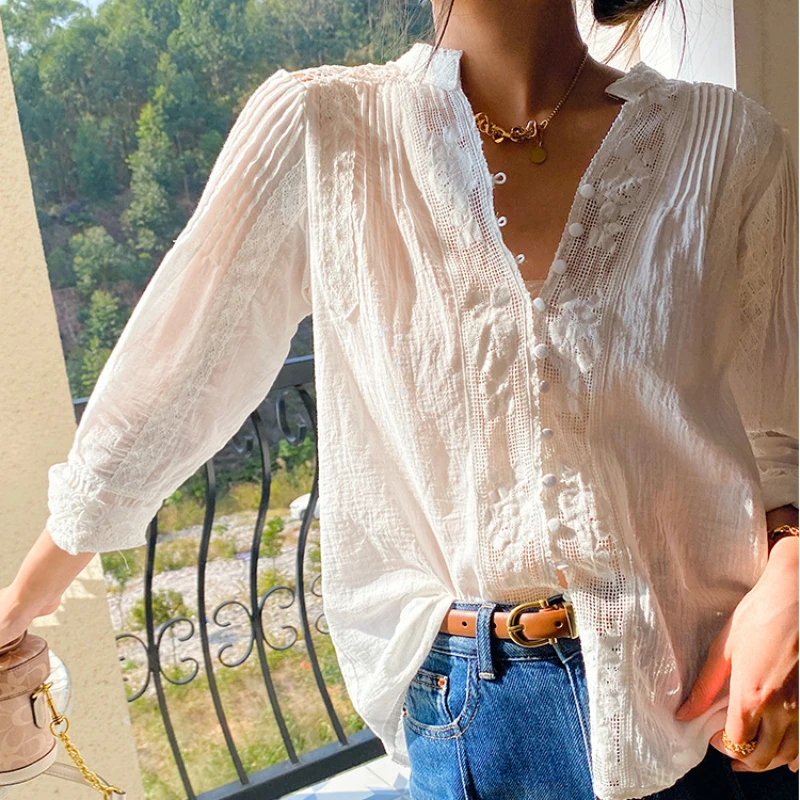 Casual V-Neck Cotton Blouse Single-breasted Carved Flower Embroidery Lace Beach Shirt Bohe Tops Summer New in Woman Clothing