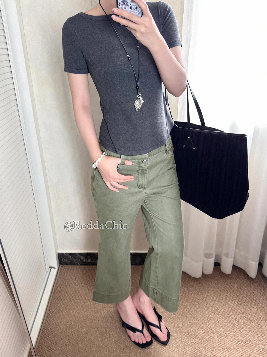 REDDACHiC Pantaloni bootcut corti da donna anni '90 Verde solido Estate Cleanfit Vita alta Doppio bottone Gamba larga Jeans casual Y2k Streetwear