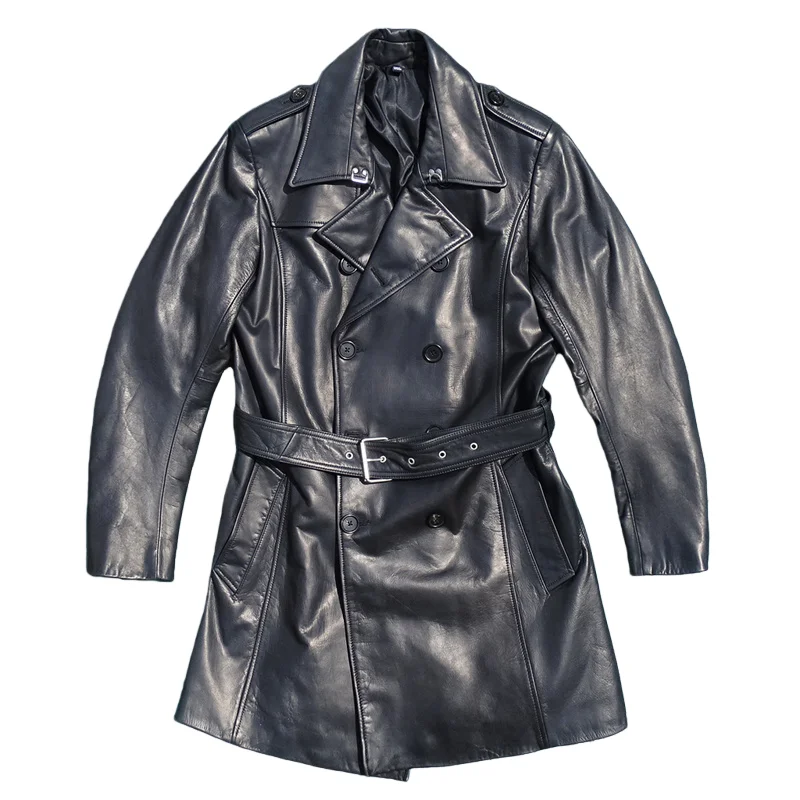 

Черная осенняя длинная кожаная куртка для мужчин в японском повседневном стиле размера плюс 3XL из натуральной воловьей кожи, двубортный ремень, ветровка, пальто