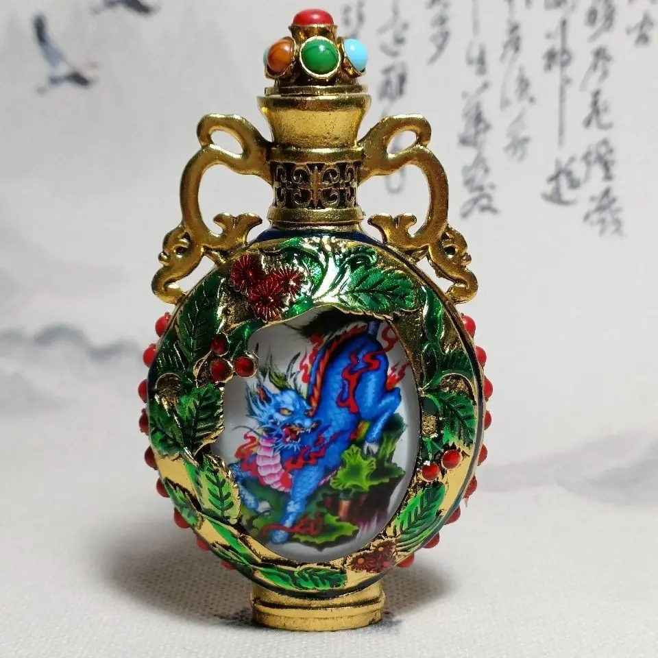 New Arrival Tibetan Cloisonne Kirin Night Glow Snuff Bottle Antique Inner Painting Handicraft Old Collection
