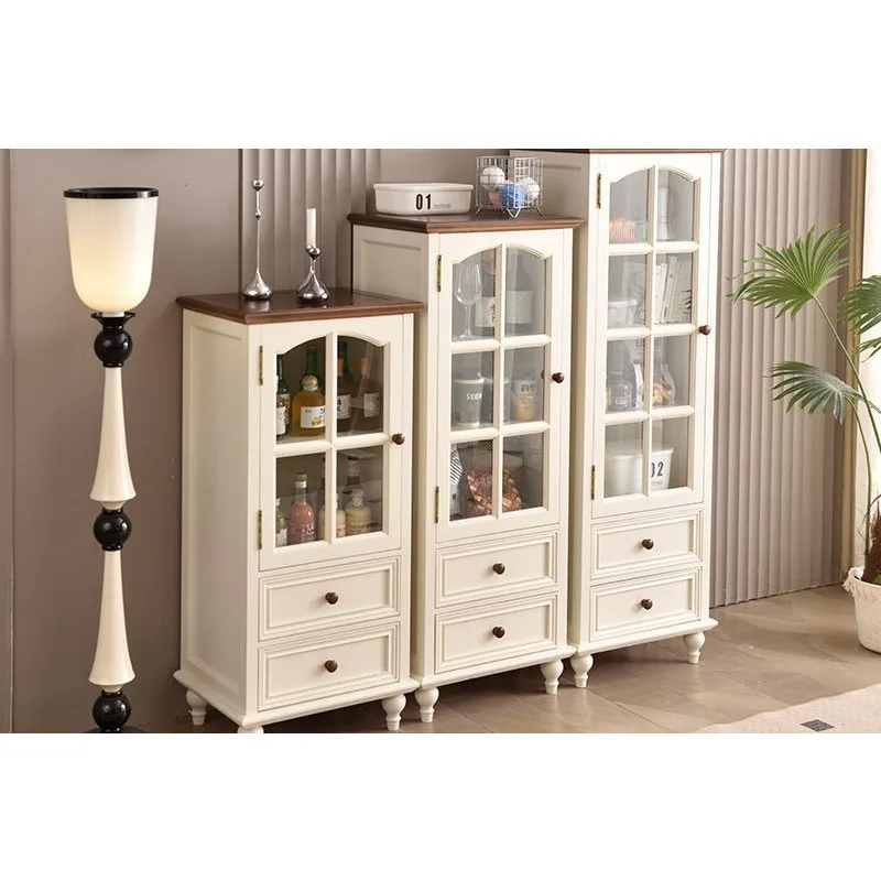 

Solid wood wine cabinet Cream style dining side cabinet Transparent single door glass wine cabinet American