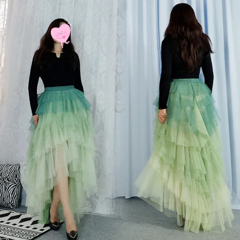 

2024 Sweet Irregular Cakee Layered Maxi Long Tulle Fairy High Low Dip Tiered A-line Puffy Ankle Mesh Tutu Skirts