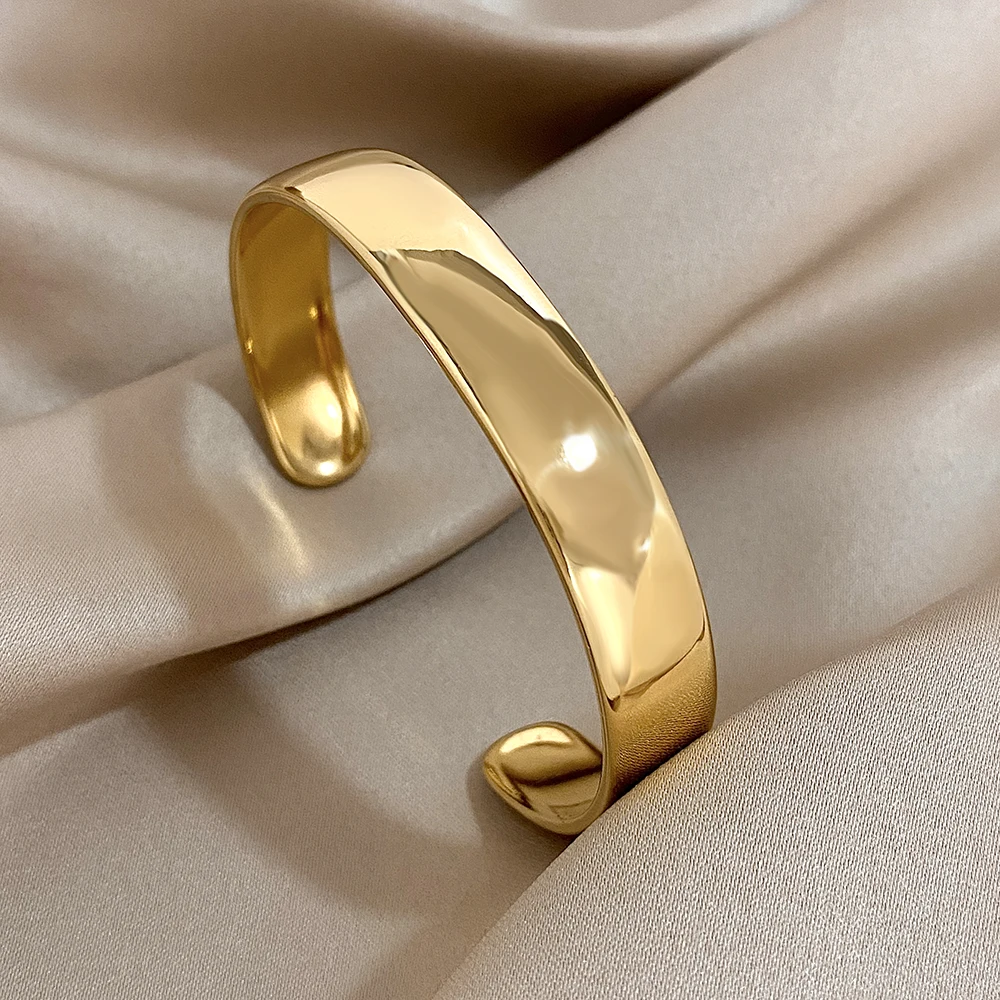 Minimalistisches Edelstahl-Manschettenarmband für Damen und Herren, modisch, glänzend, Gold, Silber, Farbe, offene Armreifen, wasserdichter Schmuck
