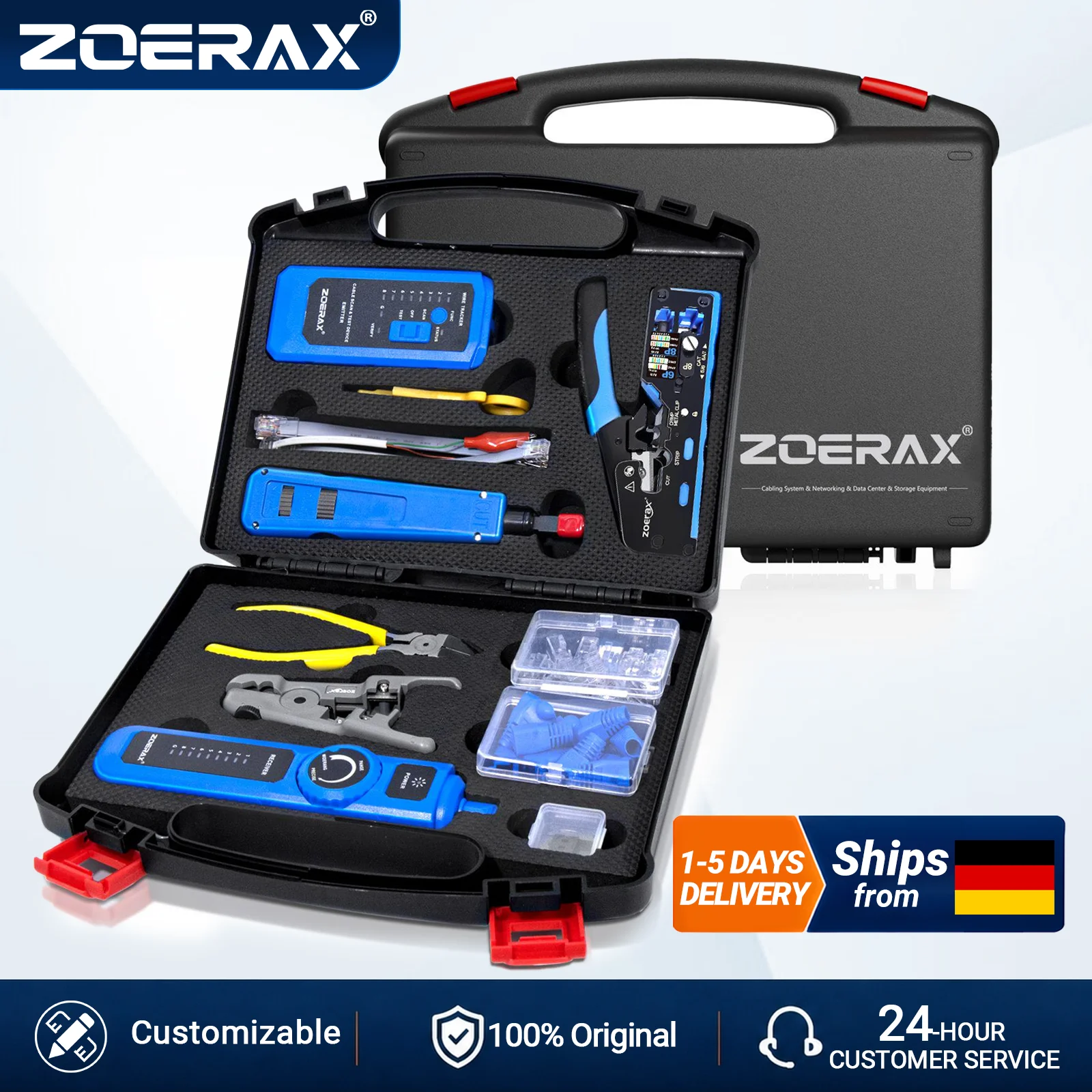 ZoeRax CAT7/CAT6 Pass-Through RJ45 Crimpwerkzeug-Set, Netzwerkkabeltester, Einpresswerkzeug, Abisolierwerkzeug, CAT6/CAT5 Stecker.
