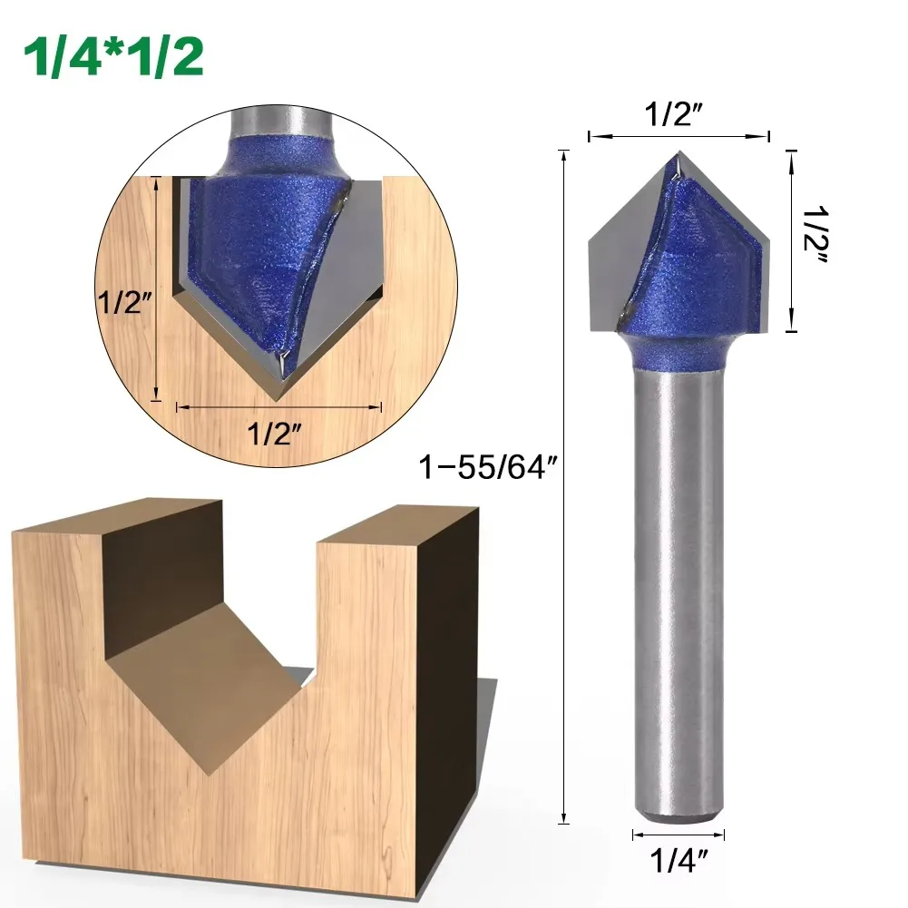 1PC 1/4 "6.35MM tige fraise 90 degrés V rainure Bit 1/4" 5/16 "3/8" 1/2 "solide routeur peu carbure fraise menuiserie