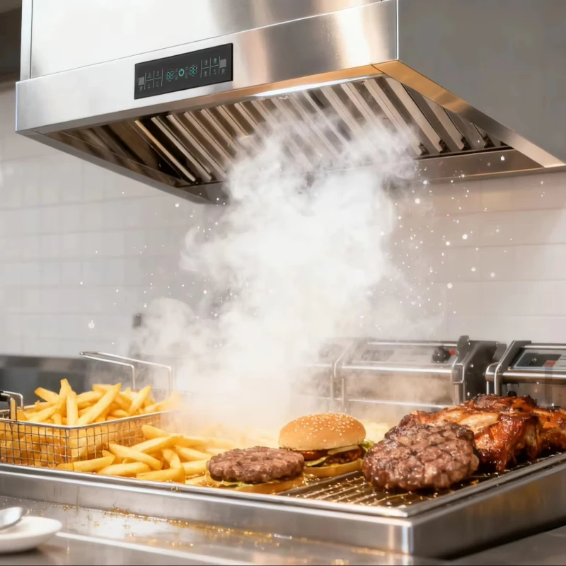 Commercial ductless range hood with electrostatic precipitator for indoor purification in non-ventilated fryer kitchens