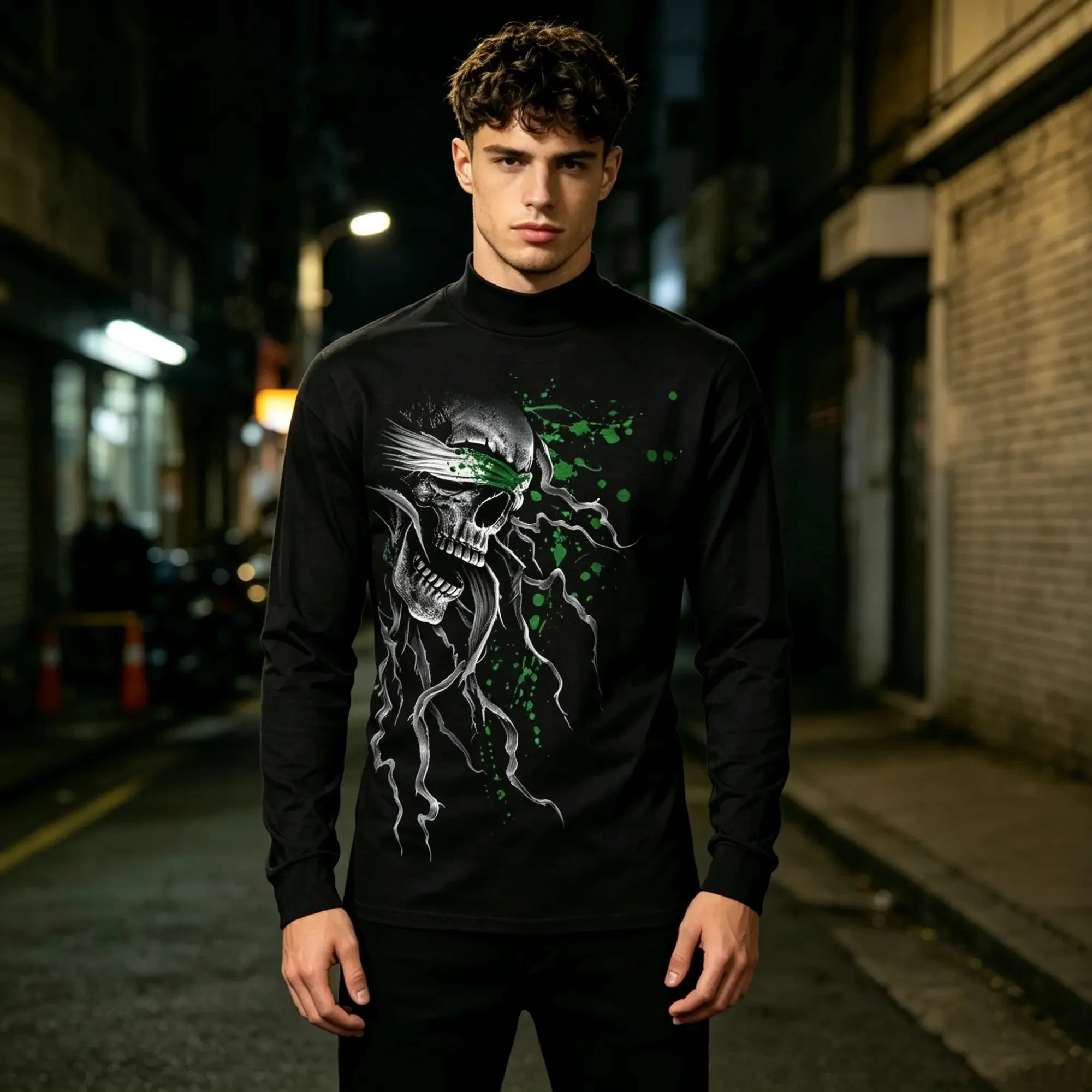 Dark Fantasy Skeleton Men Shirt Mock Neck Abstract Smoke Graphic Tops Cyber Goth Contrast Color Casual Long Sleeve Base LayerTee