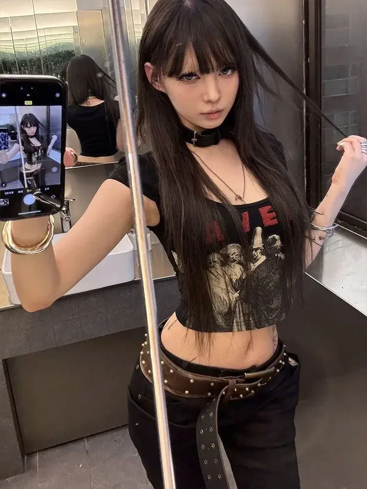 

Gothic Punk T Shirt Women Short Sleeve Print Letter Graphic Tops Y2k Vintage Crop Tops Fairycore Grunge Tops Summer