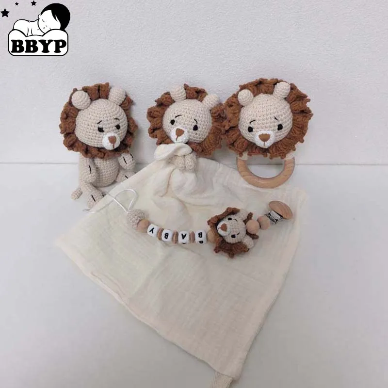 Customized Name Baby Towel Bib Soft Lion Pacifier Chain Sleeping Doll Teether Infants Comfort Sleeping Blanket