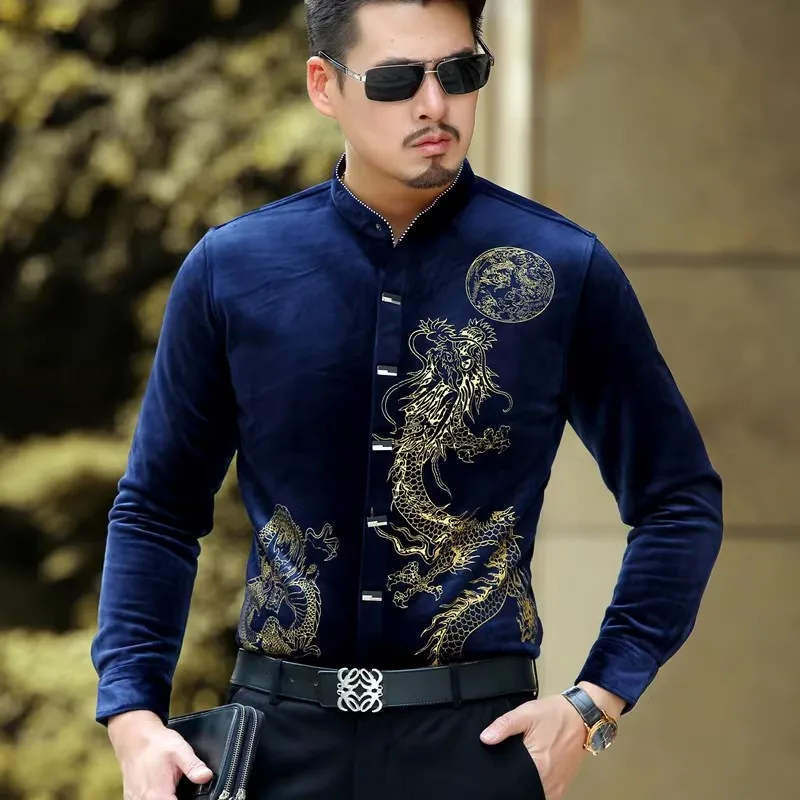 Bronzing Dragon Pattern Luxury Shirts For Men Long Sleeve Casual Autumn High Quality Velvet Easy Care Stand Collar Chemise Homme