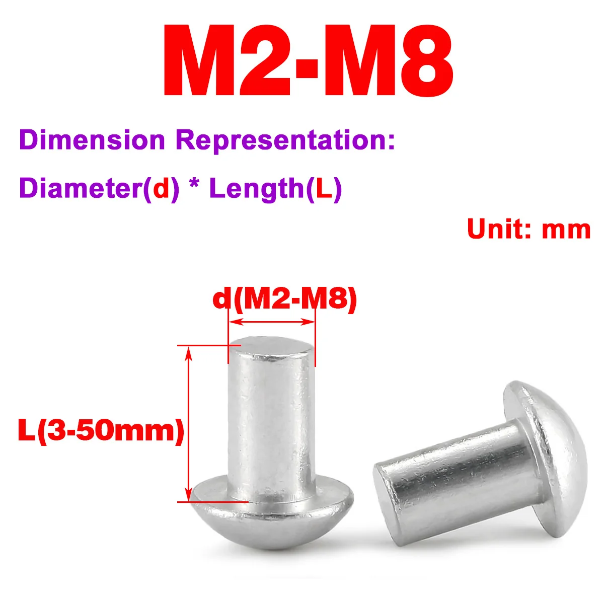 

Half Round Head Solid Impact Type Aluminum Rivets M2M2.5M3M4M5M6M8