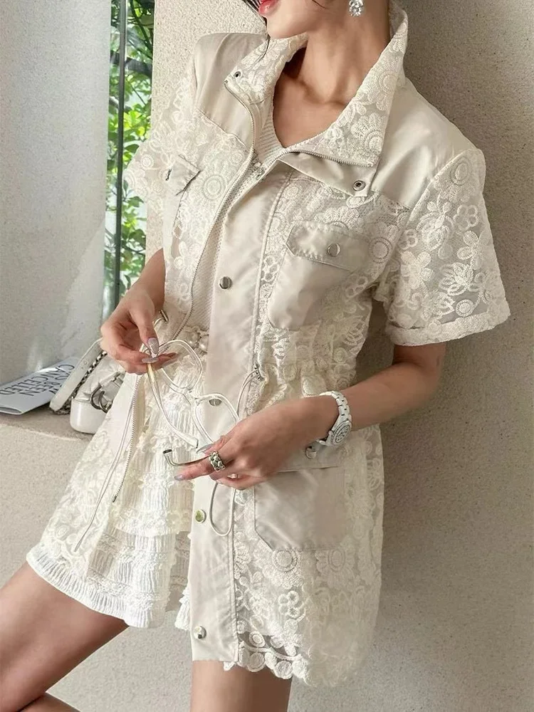 

Женский кружевной топ с вышивкой и воротником-стойкой, свободный крой, утягивающая многоэтажная рабочая одежда, комплект Top Faion