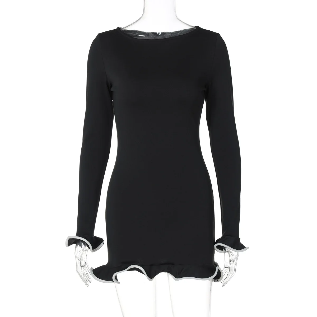 Attention enza-Mini robe noire à volants pour femme, taille haute, manches longues, jupe courte mince sexy, pull d'automne, robe de soirée pour femme