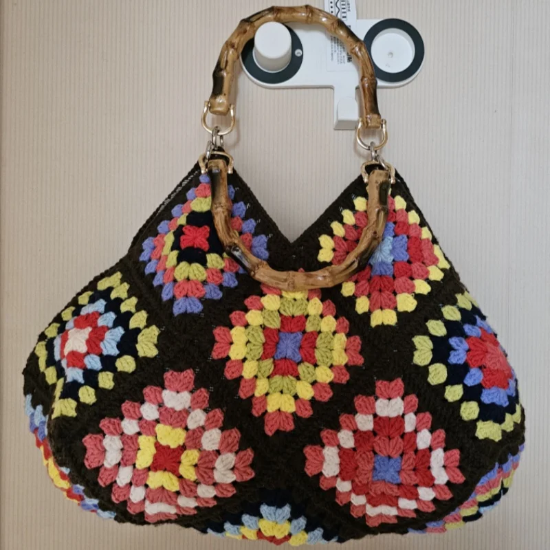 Fashionable handmade woven shoulder bag for women's casual handbag puzzle grandmother grid color shopping bag