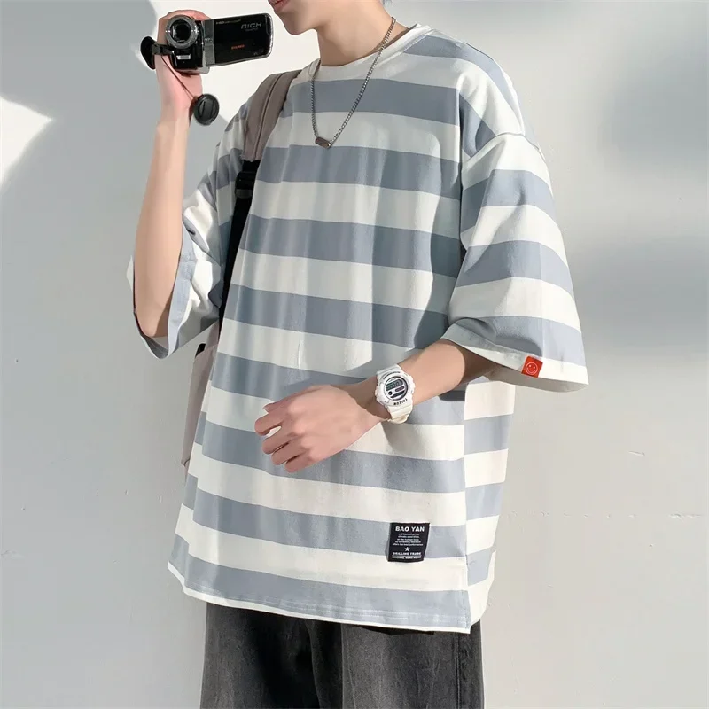 Men\'s Cotton T-shirt Striped Mens Oversized T Shirts Split Hem Fashion Tee Shirts Casual Wear Summer Tshirt 5XL Big Size for Man