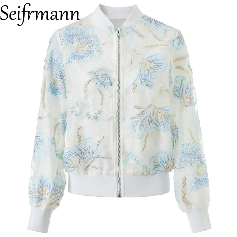 Seifrmann 2026 Summer Women's New Fashionable Stand up Collar Long Sleeve Mesh Embroidered Nail Bead Jacket