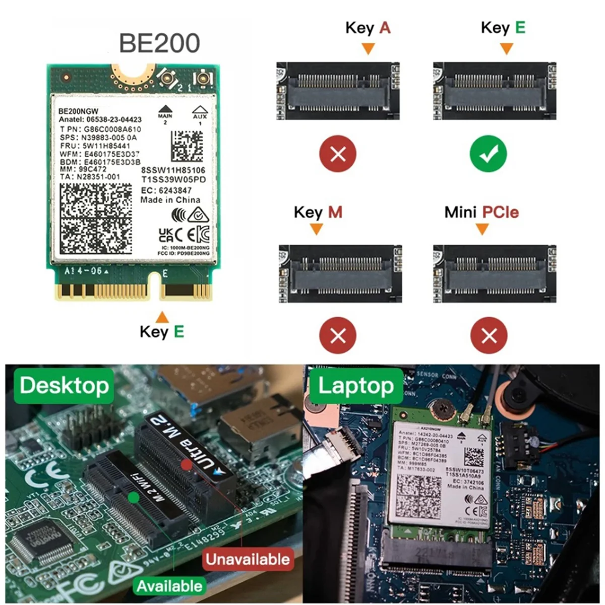 RISE لـ Intel BE200 WiFi 7 M.2 بطاقة بلوتوث 5.4 BE200NGW 2.4G/5G/6 جيجا هرتز محول لاسلكي بطاقة الشبكة مع هوائيات (10Dbi)