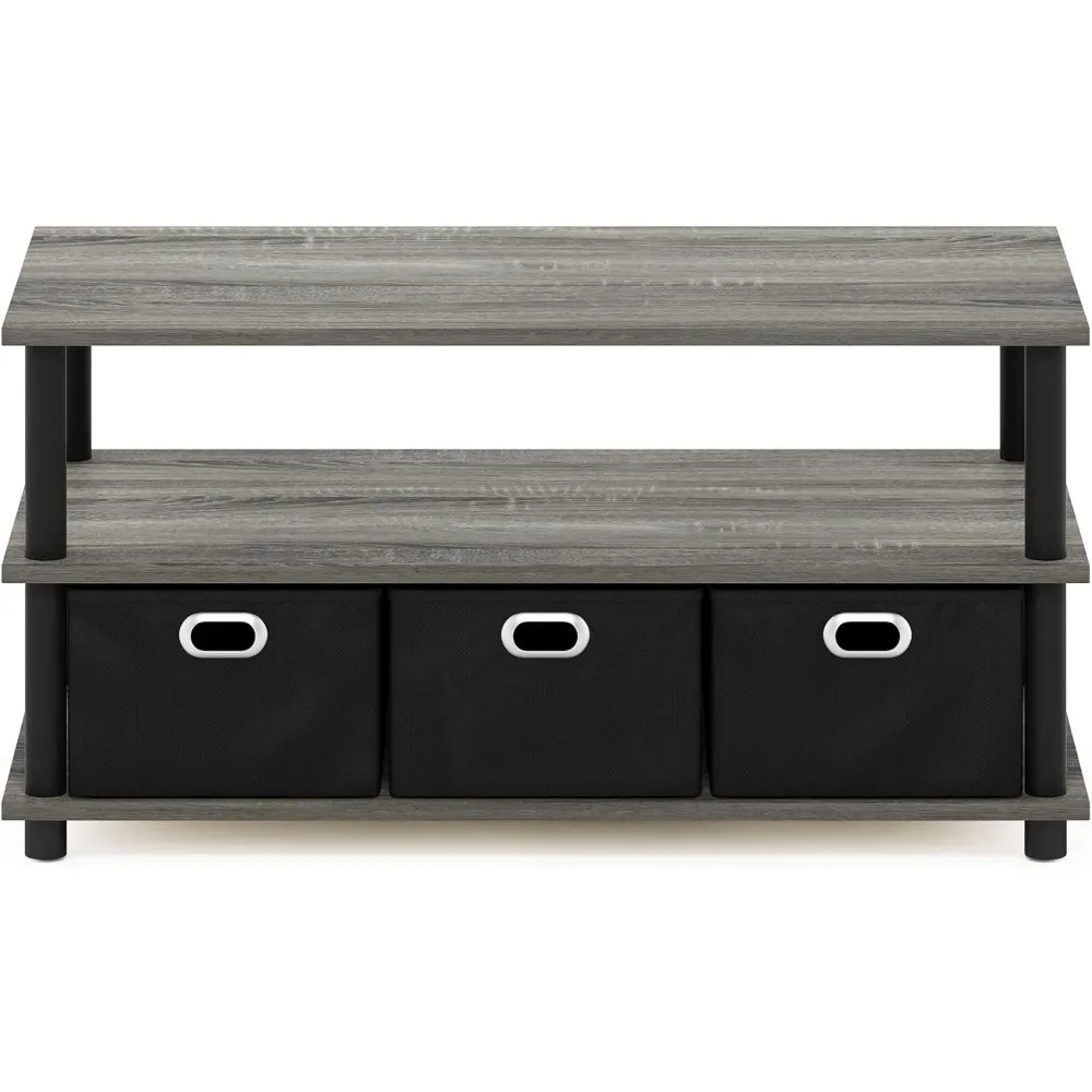 Modern 3-Tier Coffee Table with Storage Bins, French Oak Grey Finish, Easy Assembly for Living Room