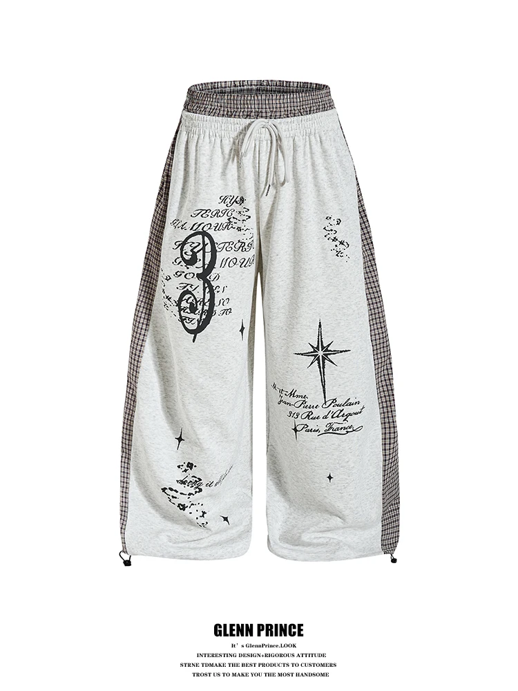 

American Retro Plaid Splicing Wide Leg Pants Men's Street Dance Hiphop Sports Trousers Loose Fit Printed Cotton Blend