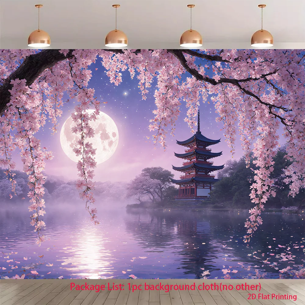 Japanese Pagoda Cherry Blossom Tapestry, Moonlit Lake Night Wall Hanging for Bedroom Living Room Decor, Zen Asian Art Gift