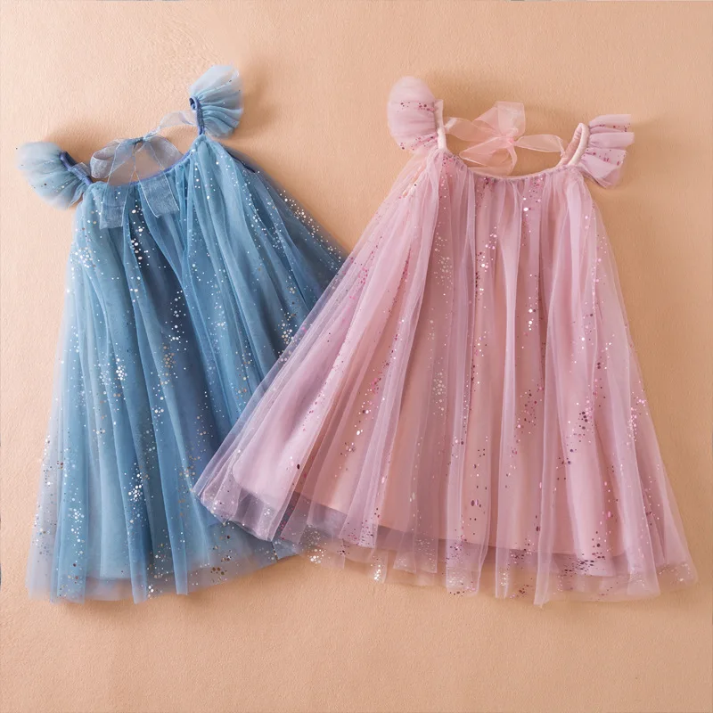 

2024 Girls Blue Sequin Summer Dress Kids Evening Party Mesh Princess Costume Toddler Girl Holiday Casual Clothes for Children