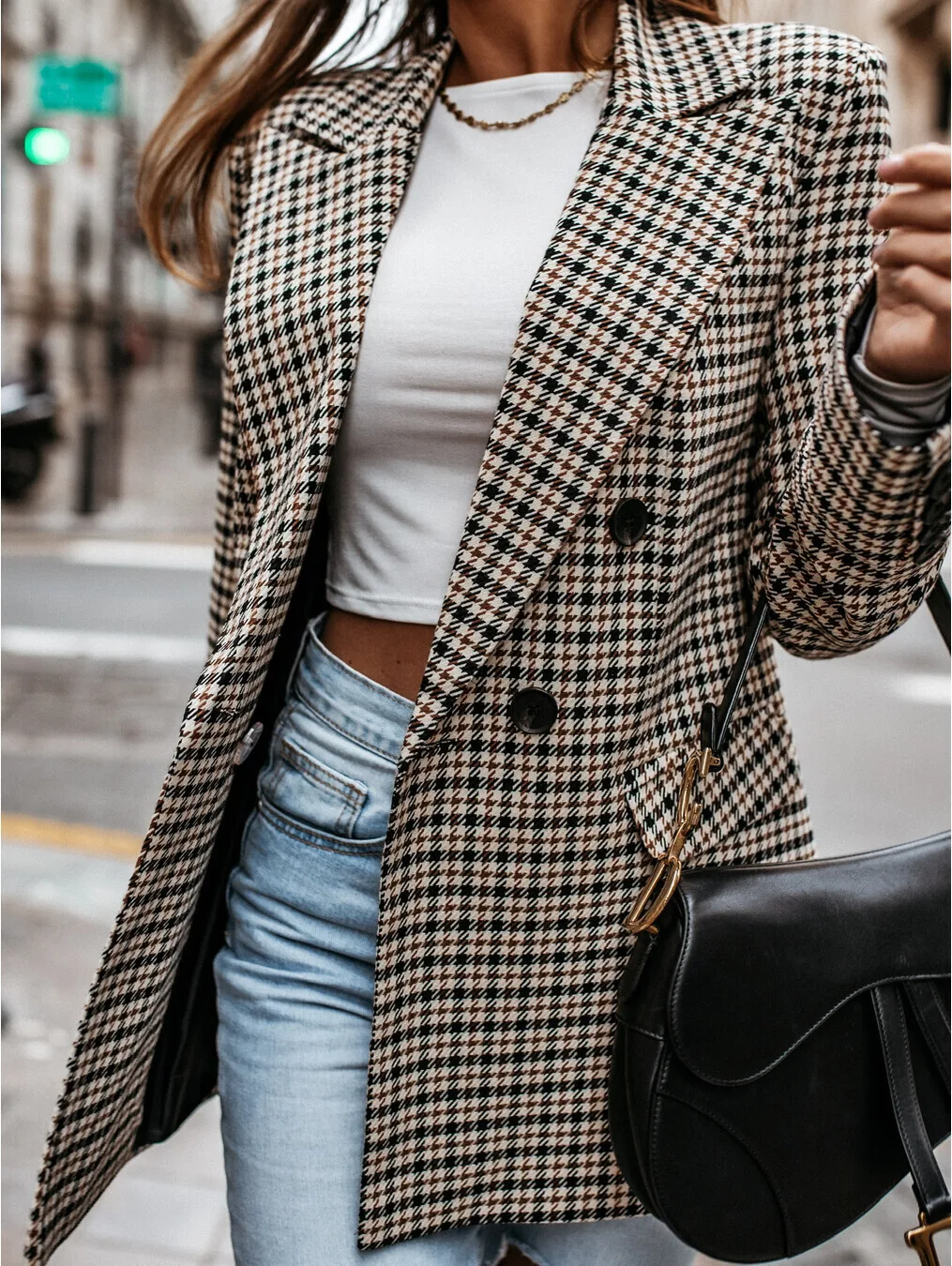 

Spring Autumn Women's Turn-down Collar Plaid Blazer Jacket